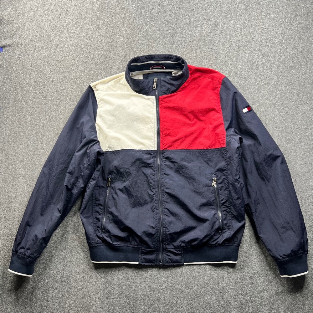 Tommy Hilfiger Bomber Jacket Mens Large Navy Blue Colorblock Windbreaker